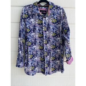 SYNRGY 2XL  navy and purple paisley floral button down dress shirt. 100% Cotton
